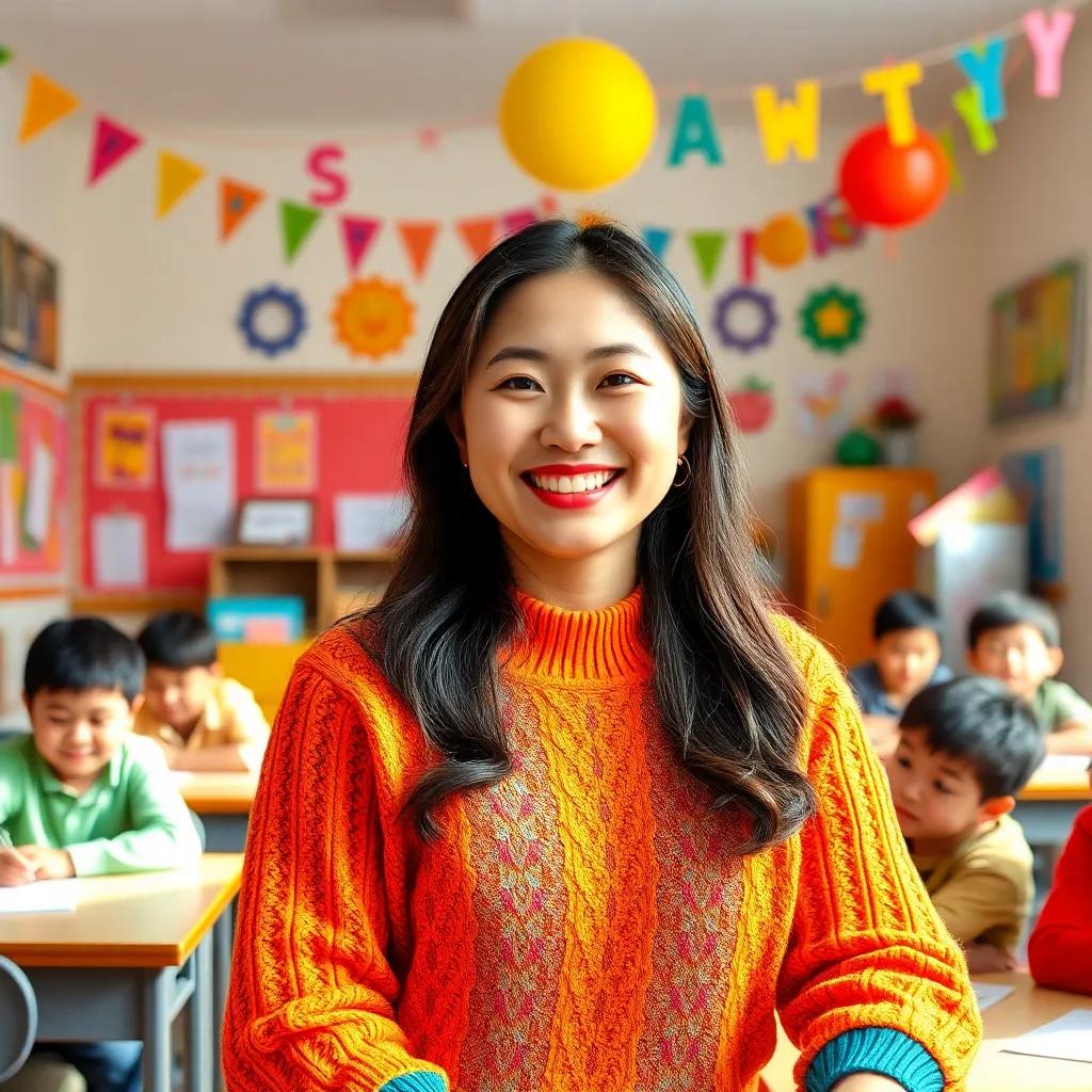 A sunny classroom filled with colorful decorations, Ms. Lee, a friendly Asian woman in her 30s wearing a bright sweater, smiling at her students, digital art, warm colors, inviting atmosphere, high quality