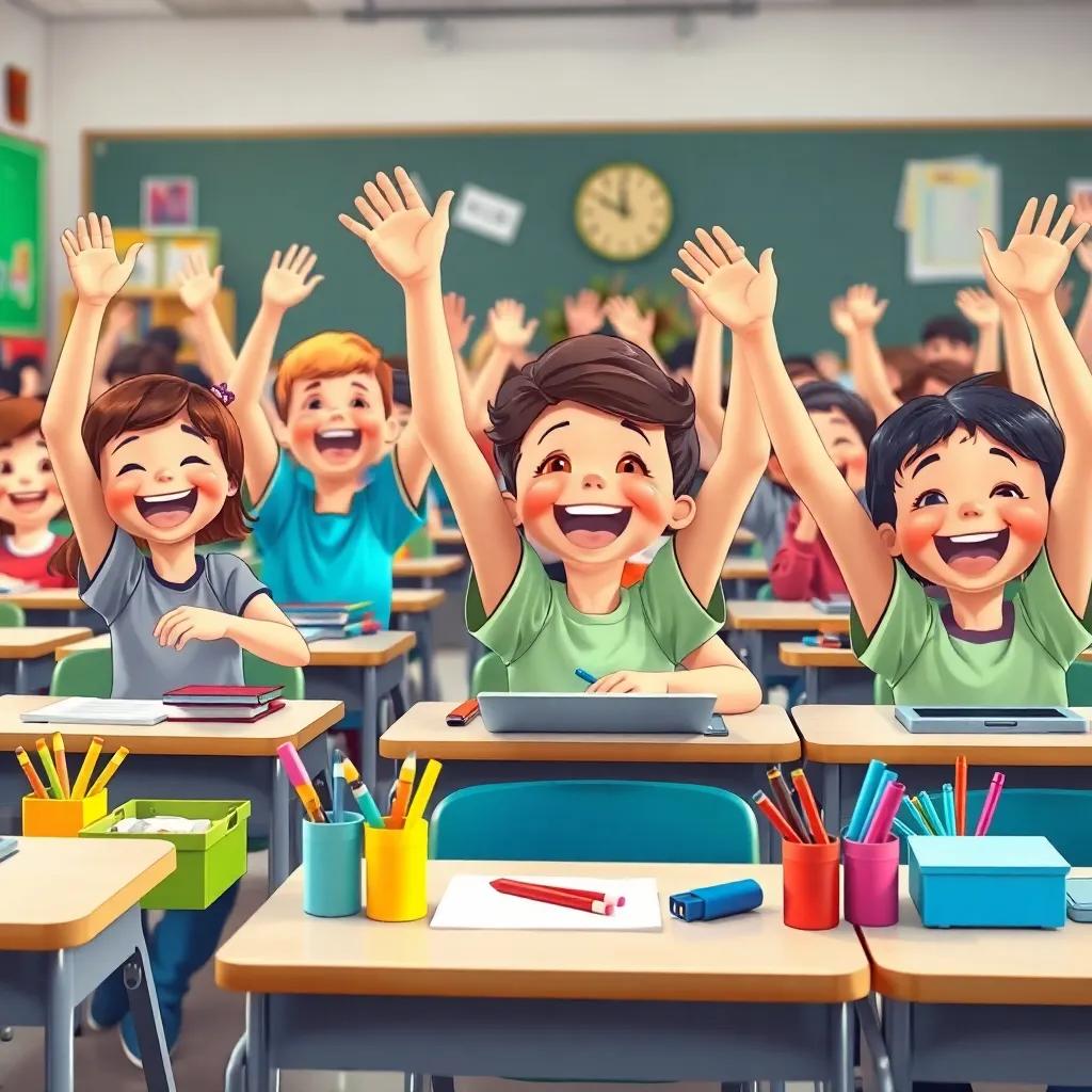 A classroom where students are cheering with joy, kids of various ethnicities (White, Black, Asian, Hispanic) sitting at desks with colorful supplies, smiling and laughing, illustration, cheerful, vibrant, child-friendly