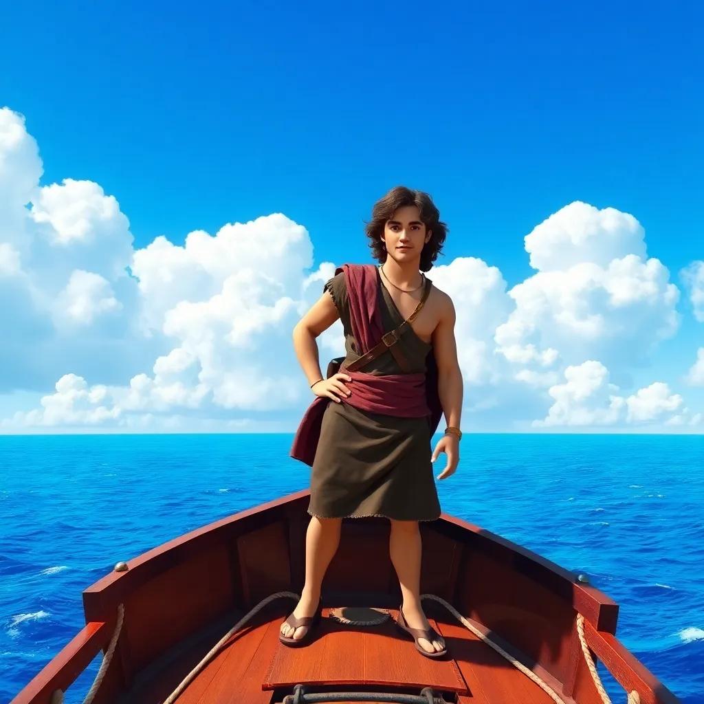 Jason, a young Greek man with curly brown hair, wearing a leather tunic and sandals, stands proudly at the bow of the ship Argo, sailing across a bright blue sea with fluffy white clouds, digital art, vivid colors, inviting atmosphere, high quality