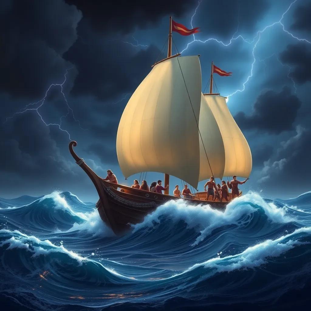 The ship Argo, a grand vessel with strong sails, battling fierce waves in a stormy sea with dark clouds and lightning, Jason and his friends working together to steer, powerful scene, dramatic lighting, high quality