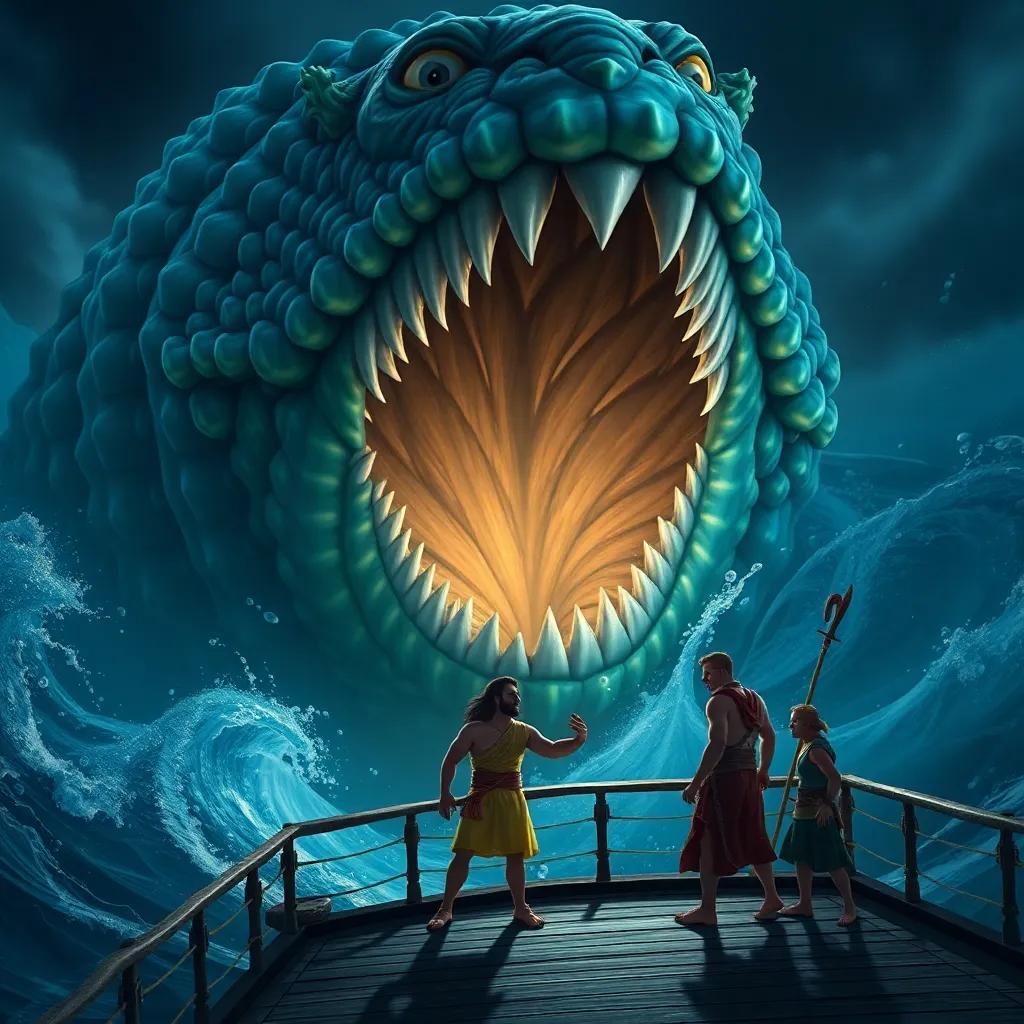 A monstrous sea creature rising up from the deep, with sharp teeth and blue-green scales, Jason courageously standing on the deck, his loyal friends beside him, expression of bravery and teamwork, intense imagery, high quality