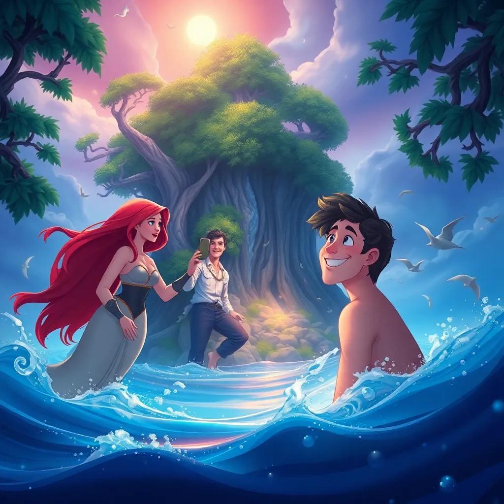 A mysterious island with whispering trees and dancing shadows, beautiful sirens with flowing hair singing enticing songs, Jason singing back with a confident smile, colorful, enchanting scene, whimsical mood, high quality