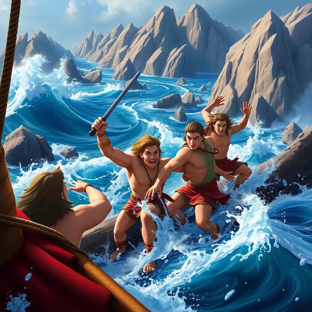 Jason and the Argonauts battling fierce storms, rocky shores in the background, teamwork depicted as they help each other through the turbulence, showing strength and camaraderie, dynamic scene, vibrant colors, high quality