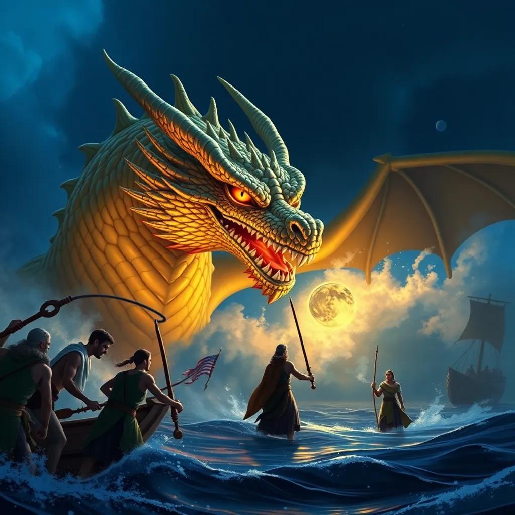The mighty dragon guarding the Golden Fleece, with scales of gold and eyes like fire, Jason and his friends bravely facing it, clever tactics visible among the crew, dramatic and suspenseful scene, high quality