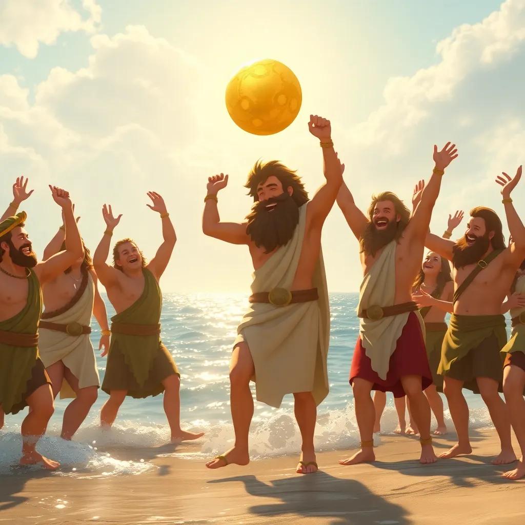 The Argonauts celebrating their victory on the shores, surrounded by cheering friends, dancing and laughing, the Golden Fleece gleaming in the sun, joyful and heartwarming atmosphere, high quality