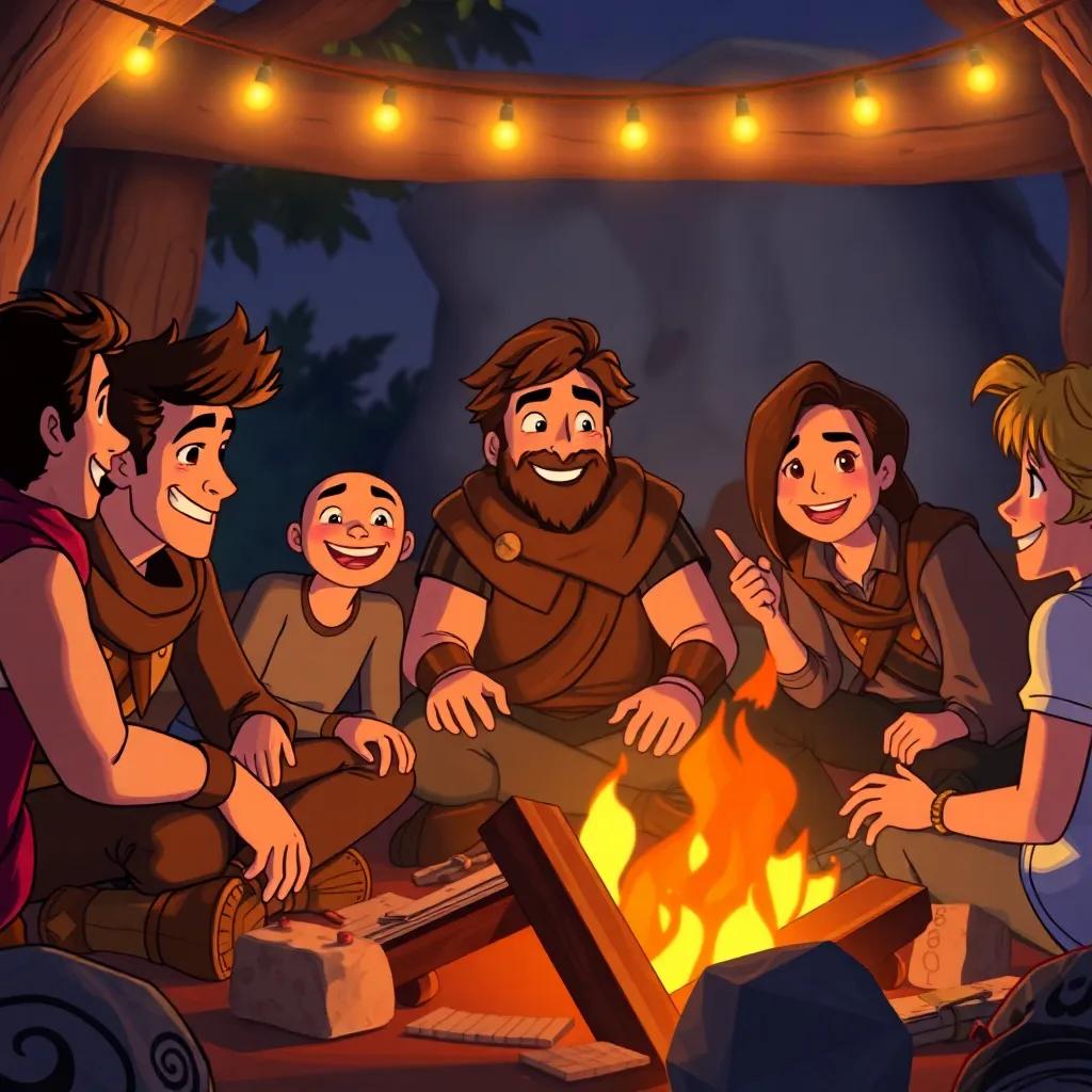 Jason, now a hero, sharing tales of his journey around a warm fire with friends, smiles and laughter as they reminisce about their adventure, cozy scene, warm colors, inviting atmosphere, high quality