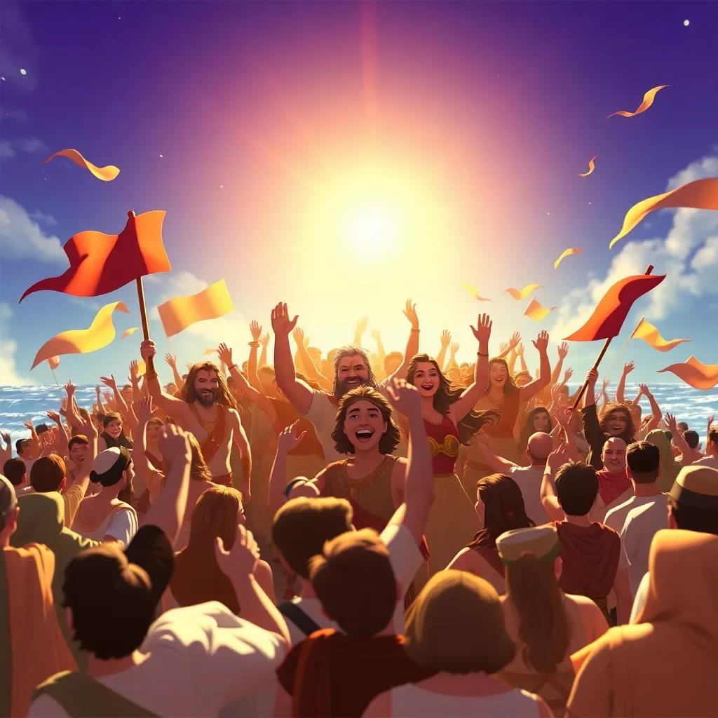 The return home of the Argonauts, a joyful crowd welcoming them back from their quest, banners waving in the breeze, the true treasure of unity and friendship shining among them, celebratory mood, high quality