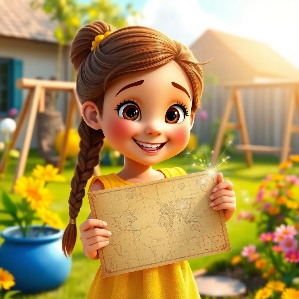 A young girl, Mia, with bright brown hair in braids, wearing a yellow dress, excitedly holding an old sparkling map, standing in a sunny backyard filled with flowers and a swing set, digital art, vibrant colors, cheerful atmosphere