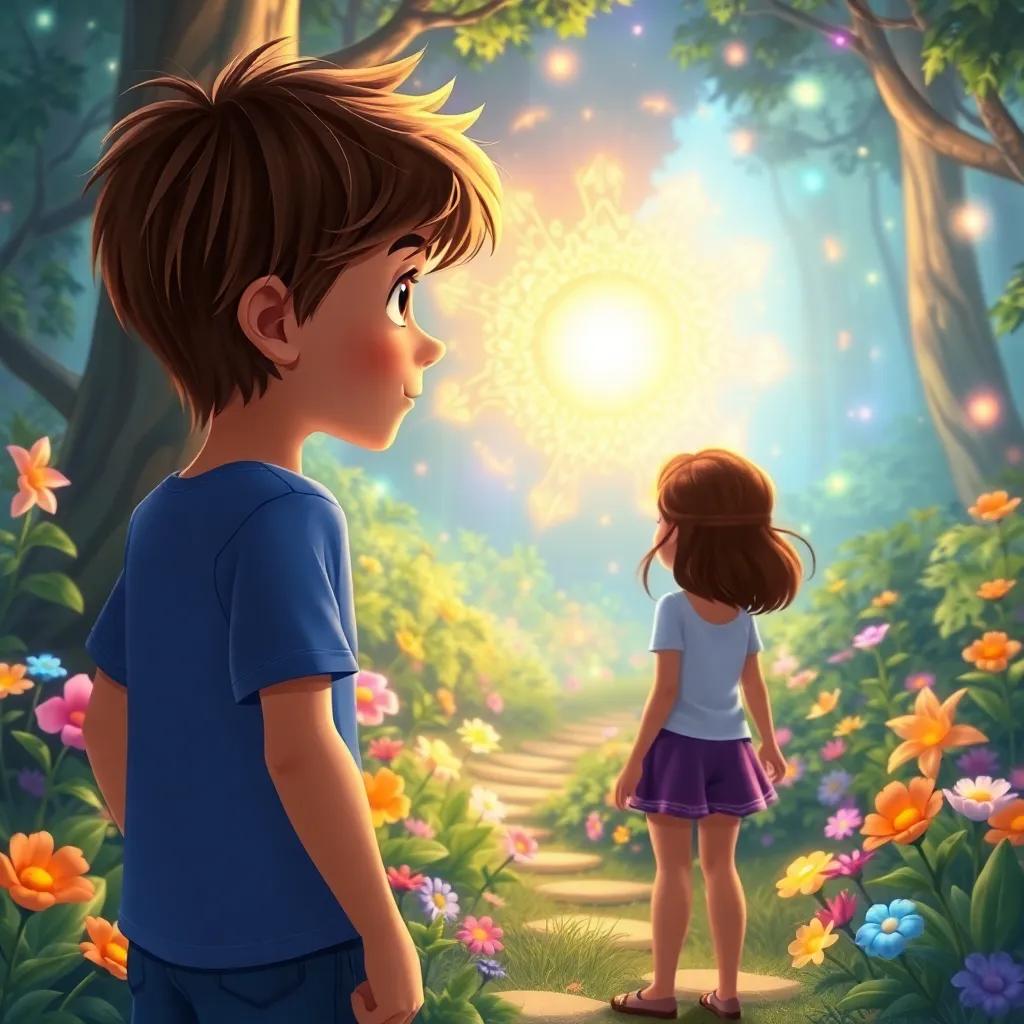 A young boy, Leon, with tousled brown hair, wearing a blue t-shirt and shorts, standing beside Mia, gazing at a glowing portal surrounded by colorful flowers and dancing lights in a vibrant forest, illustration, magical scenery, enchanting mood