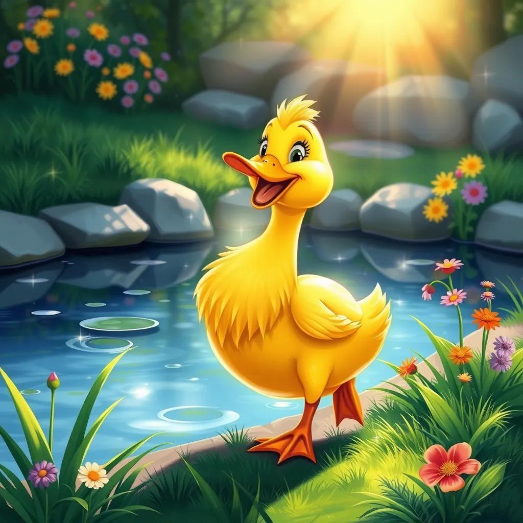 A cheerful yellow duck waddling happily by a pond, sunlight sparkling on his feathers, surrounded by green grass and colorful flowers, digital art, bright colors, cartoonish style.
