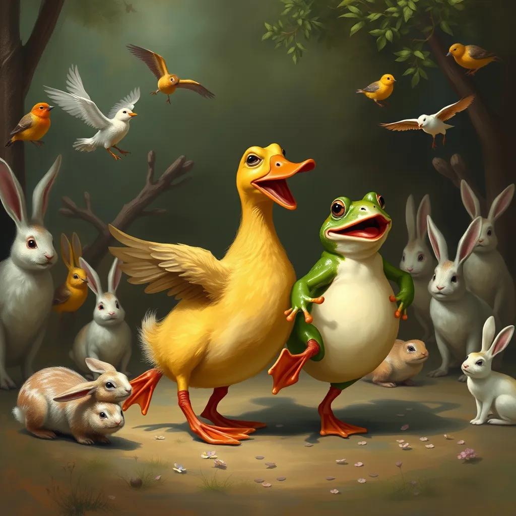 The duck and frog waddling together in a funny dance, surrounded by various joyful animals like rabbits and birds, all enjoying the playful moment, digital art, fun and colorful.