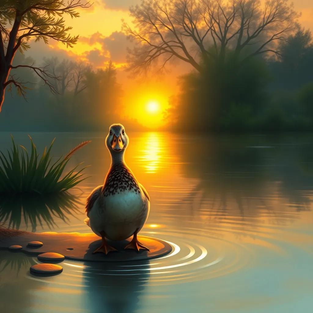 The duck sitting on the edge of the pond at sunset, looking happy and content, with the sun casting a warm golden glow, peaceful scenery, digital art, serene and magical atmosphere.