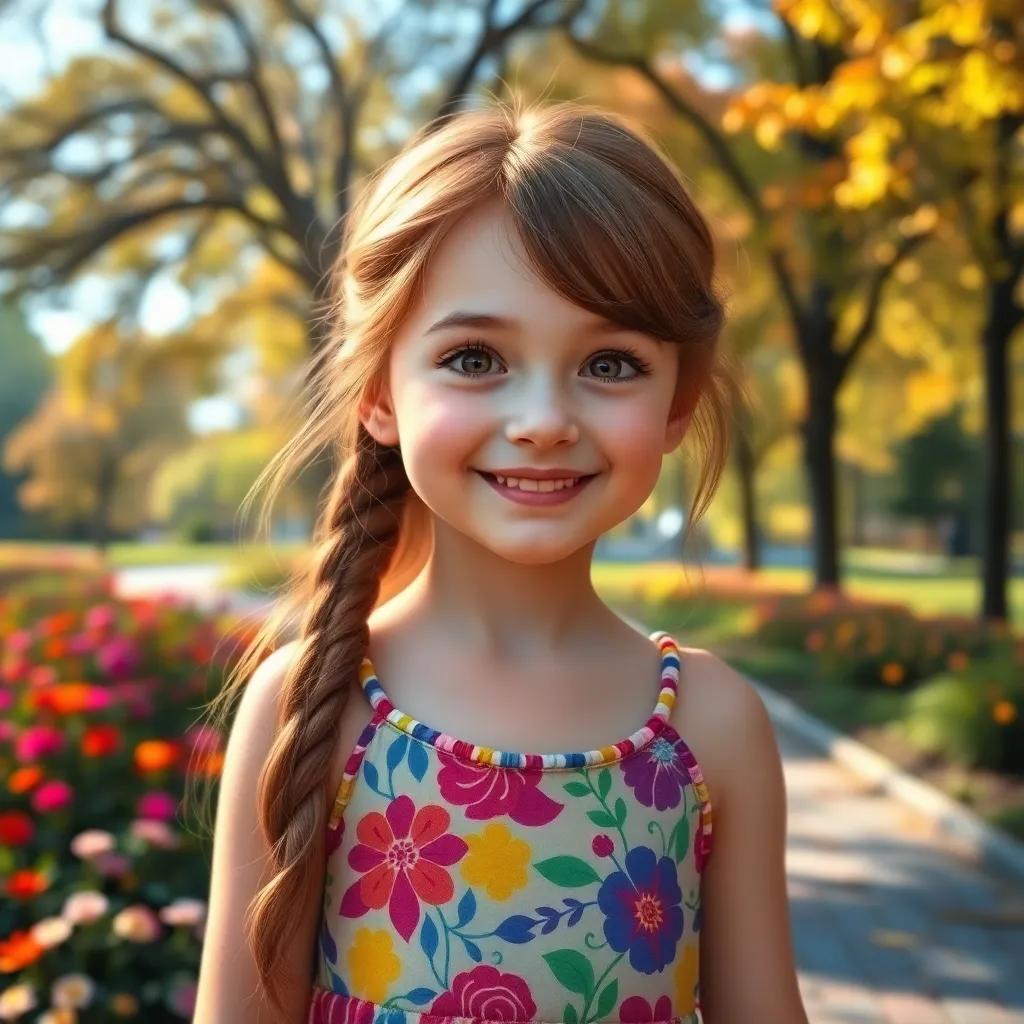 A young girl named Lyla, with bright brown hair wearing a colorful dress, smiling in a park with flowers and trees around, digital art, vibrant colors, warm sunlight, inviting atmosphere, high quality