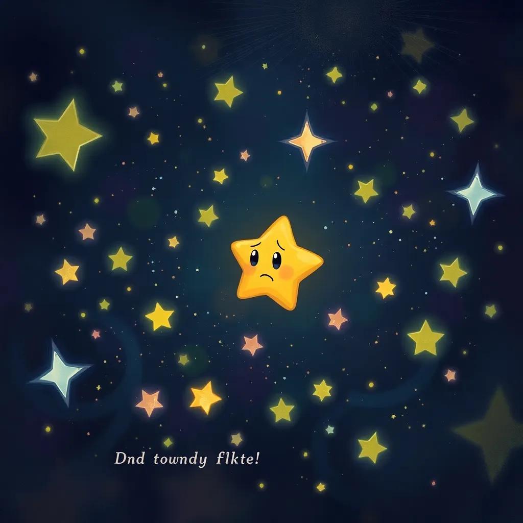 A galaxy filled with bright stars, a small star named Twinkle, looking worried with a soft glow, a dark background representing the dimming light of the universe, digital art, colorful, cheerful atmosphere, high quality