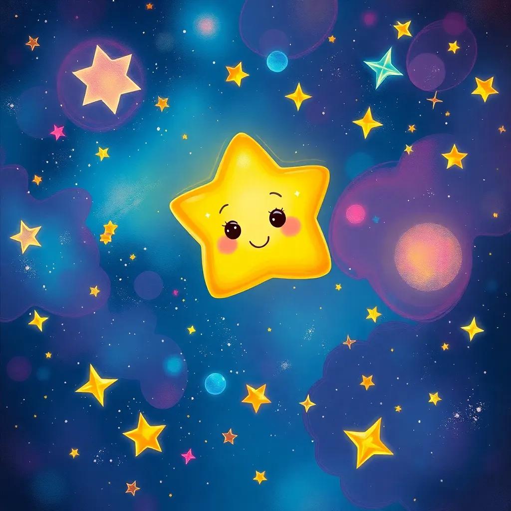Twinkle, a small glowing star with a friendly face, flying through a beautiful galaxy filled with colorful other stars, meeting the Great Cosmic Painter in a vibrant, starry space, illustration, whimsical, adventure-themed, high quality