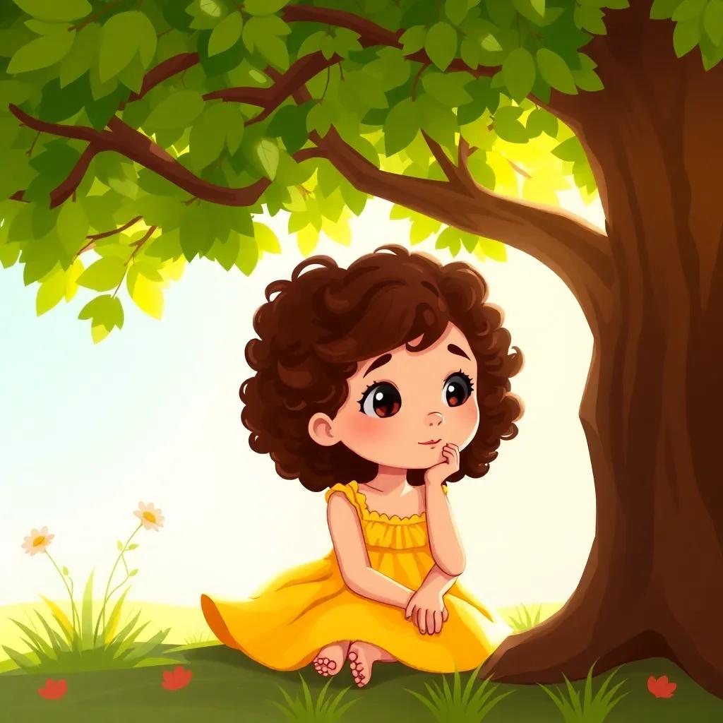 A young girl, Mia, with curly brown hair, wearing a yellow dress, sitting under a big green tree with a thoughtful expression, digital art, bright and cheerful colors, warm sunlight, cozy atmosphere, high quality