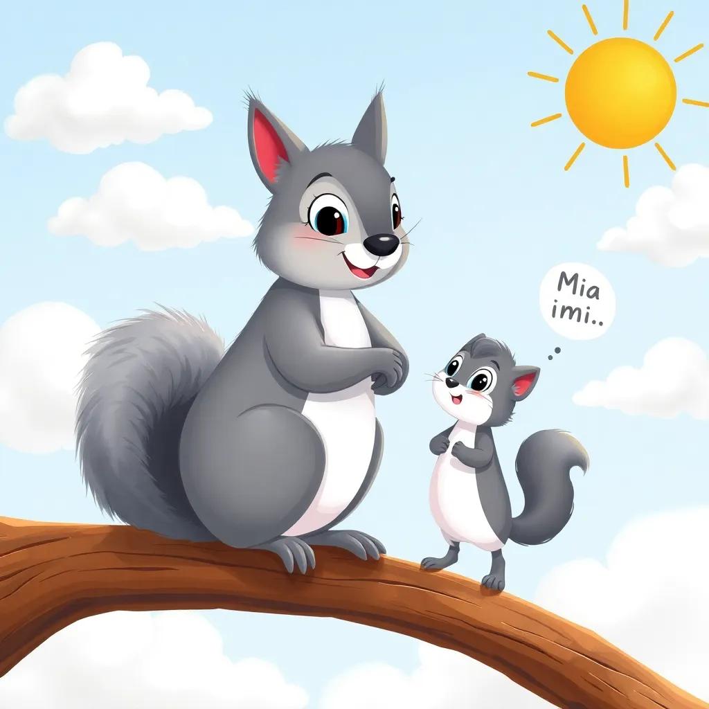 A wise gray squirrel, standing on a branch, talking to Mia, who looks puzzled, surrounded by fluffy white clouds and a sunny sky, illustration, colorful and lively, child-friendly vibe, high quality