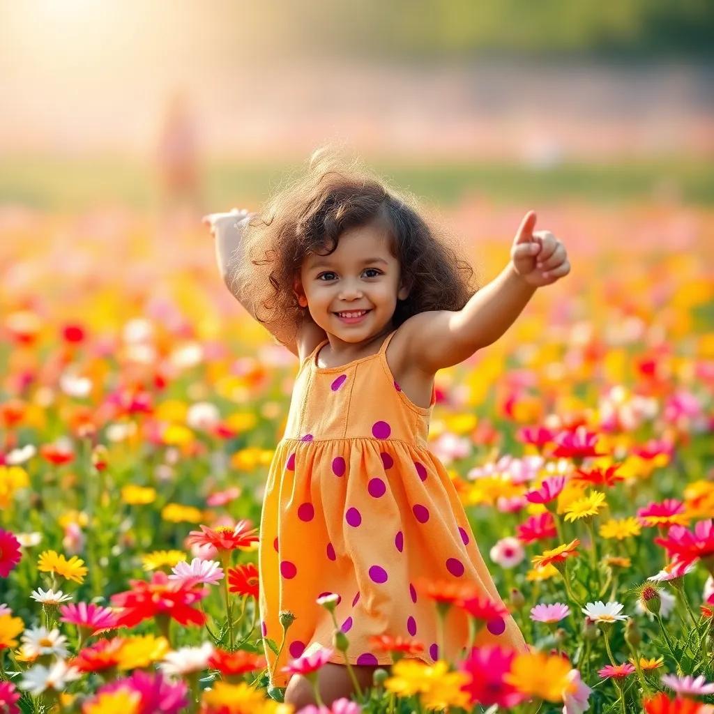 A little girl named Mia, with curly brown hair, wearing a bright dress, dancing joyfully in a colorful flower field, sunlight shining down, vibrant colors, cheerful atmosphere, child-friendly, high quality