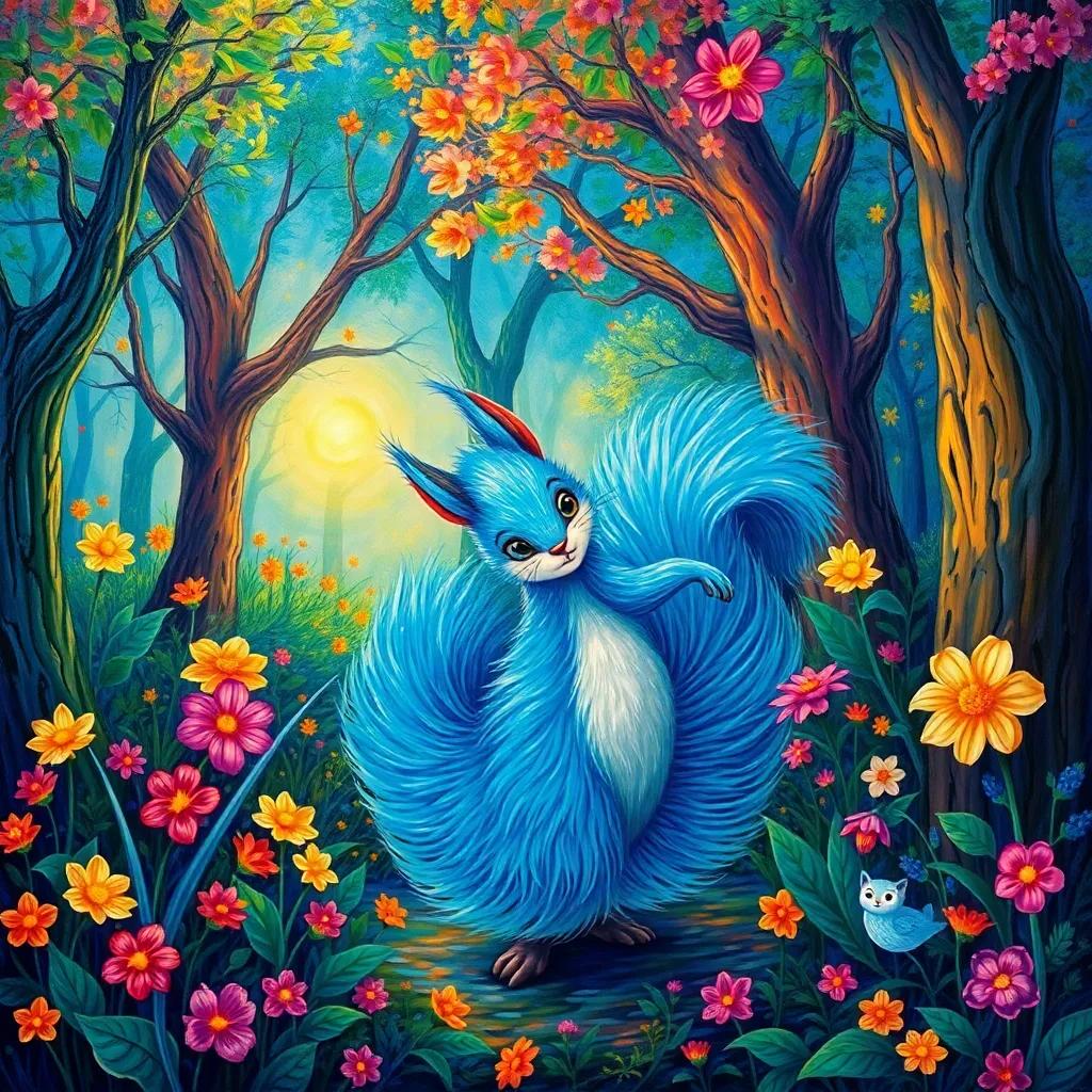A magical forest with singing trees and dancing flowers, Dgyhrtdguyhtg with bright blue fur twirling around with Squeaky the squirrel, who has fluffy tail and bright eyes, surrounded by vibrant colors, joyful atmosphere, beautiful details, high quality