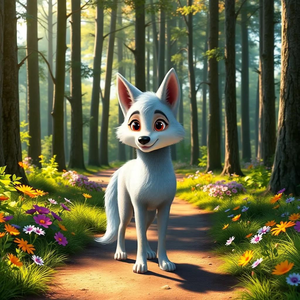 Willow the Wolf, a gentle creature with a coat of silver fur sparkling in the sunlight, standing on a winding forest path surrounded by tall trees and colorful flowers, digital art, bright and cheerful, warm light, enchanting forest, high quality