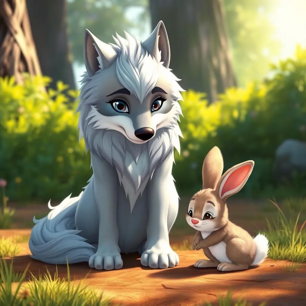 Willow the Wolf, with her magnificent silver fur, kneeling beside Benny the bunny, who has sad eyes, in a sunlit clearing, detailed illustration, vibrant colors, comforting atmosphere, child-friendly