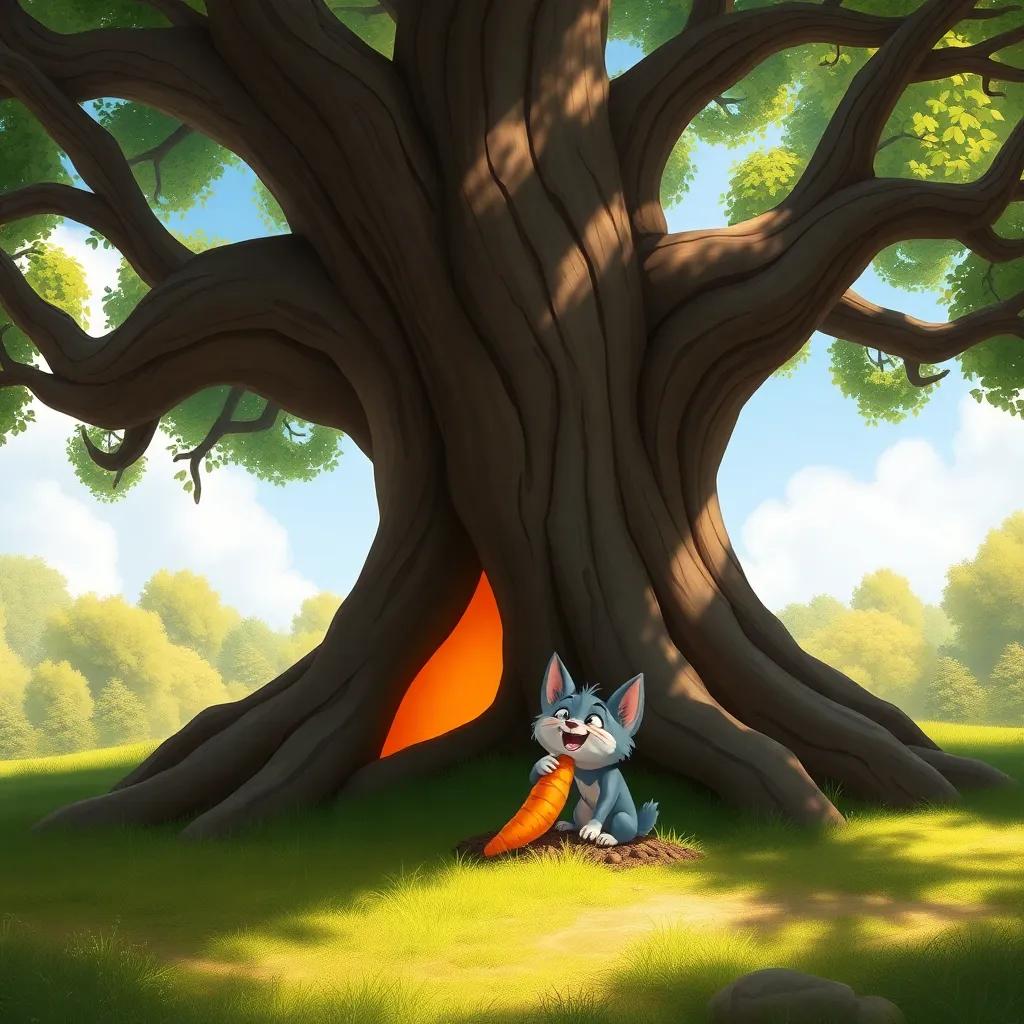 A big oak tree with a hint of orange peeking from behind its roots, Willow the Wolf joyfully digging for the lost carrot, sunny forest setting, digital painting, cheerful and playful, inviting perspective, high quality