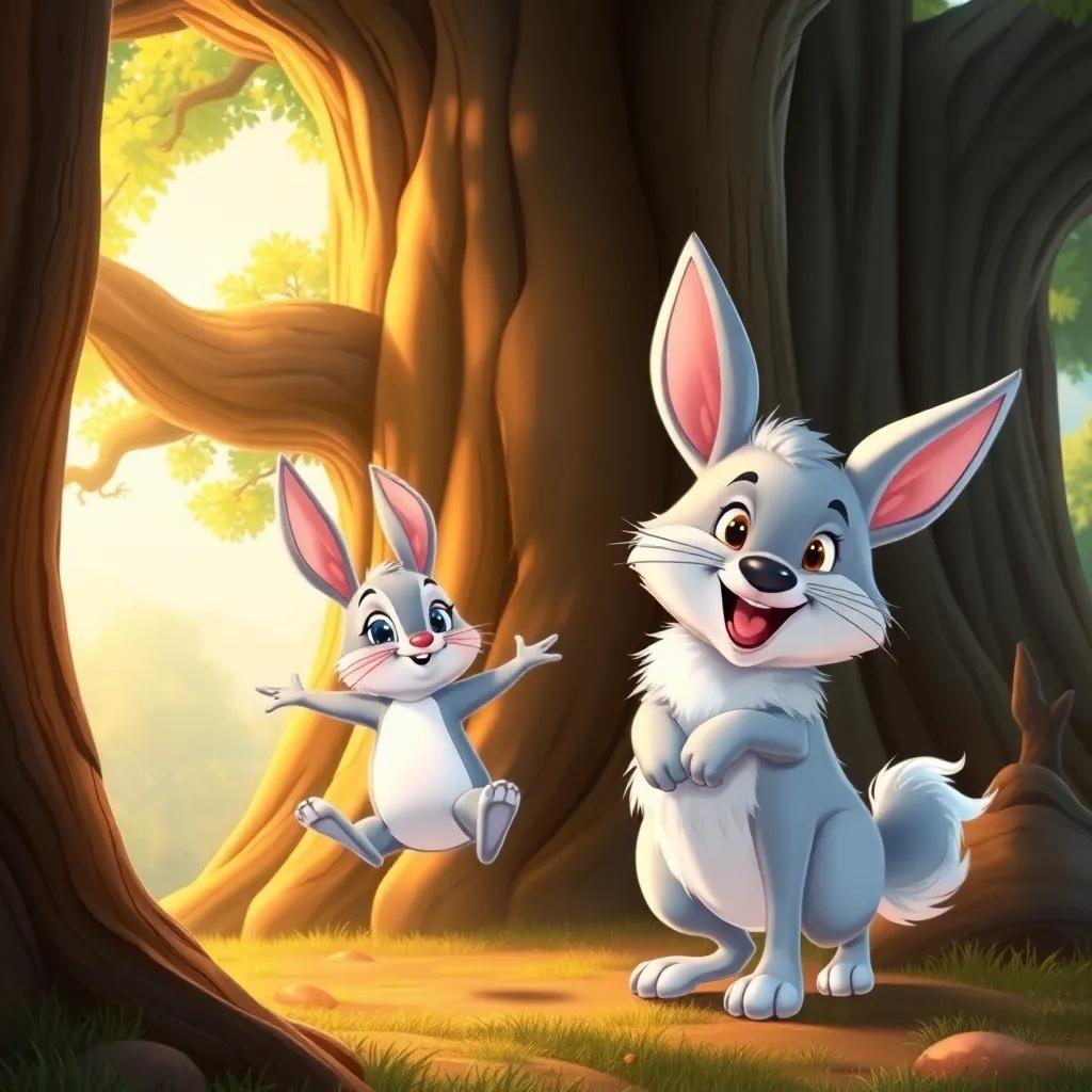 Benny the bunny with sparkling eyes, happily bouncing around a majestic oak tree, Willow the Wolf beside him with her silver fur glistening, warm light of happiness, storytelling view, colorful illustration, high quality