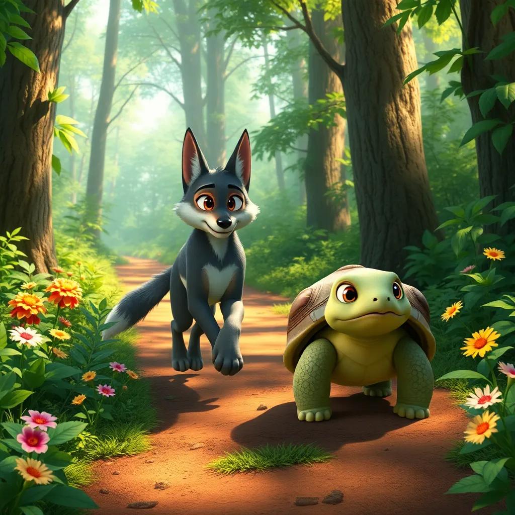 Willow the Wolf, leading Tilly the Tortoise, who's looking determined, on a forest path surrounded by green foliage and vibrant flowers, bright sunlight streaming through the trees, adventure theme, high quality