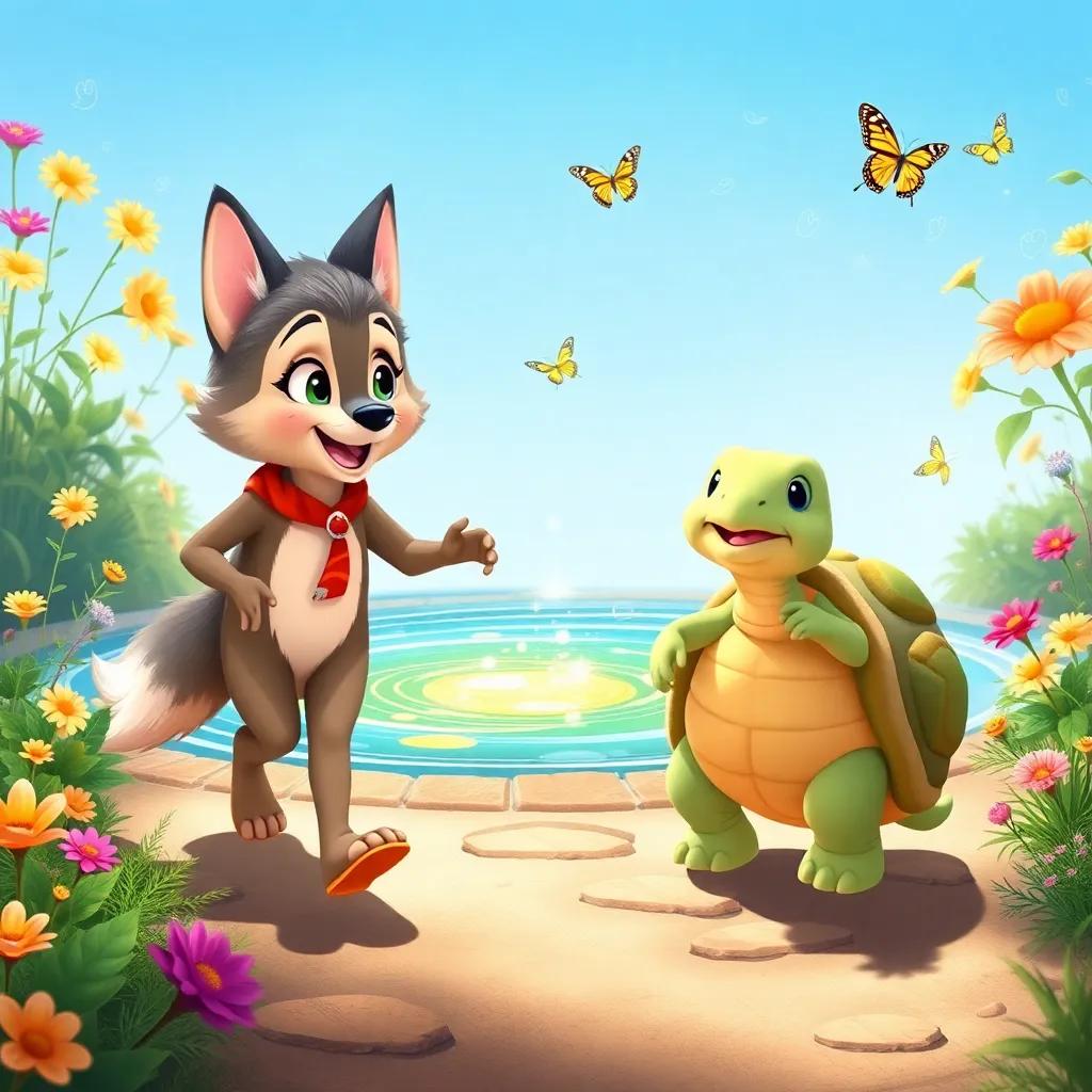 Willow the Wolf and Tilly the Tortoise walking together, chatting cheerfully, as they approach a sparkling pond, surrounded by colorful plants and fluttering butterflies, sunny day atmosphere, vibrant colors, child-friendly