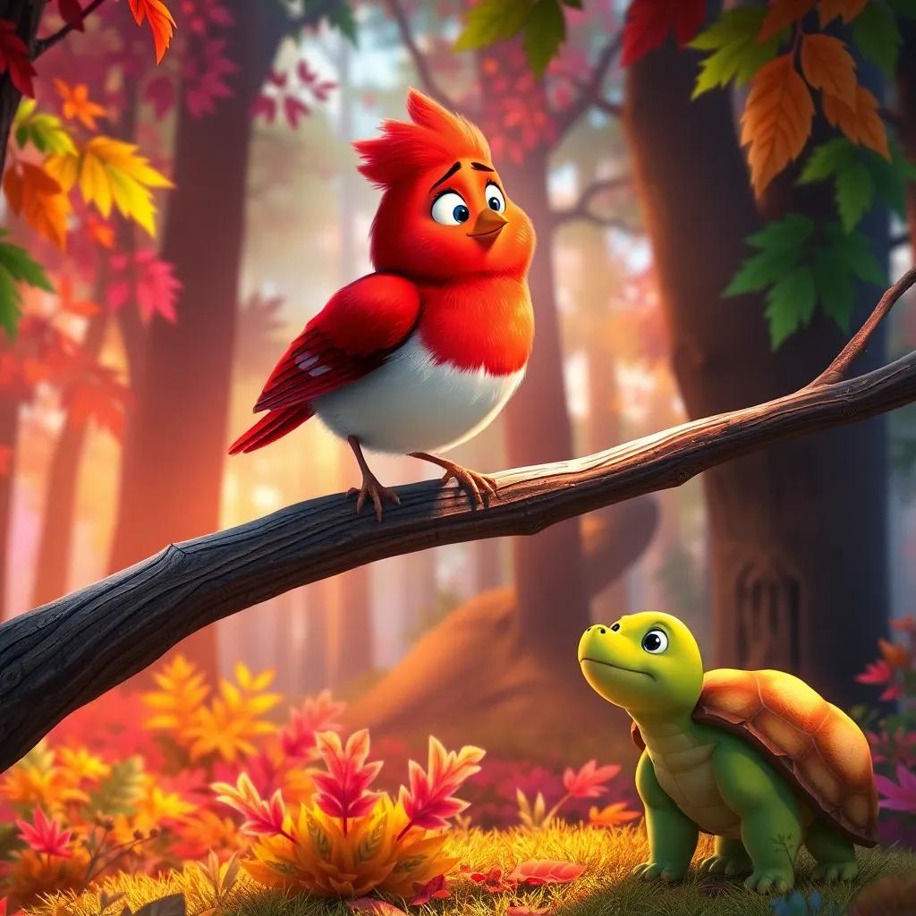 Ruby the Robin singing on a branch, with a worried expression, Willow the Wolf and Tilly the Tortoise listening attentively below in a colorful forest, warm light, engaging and vibrant scene, high quality