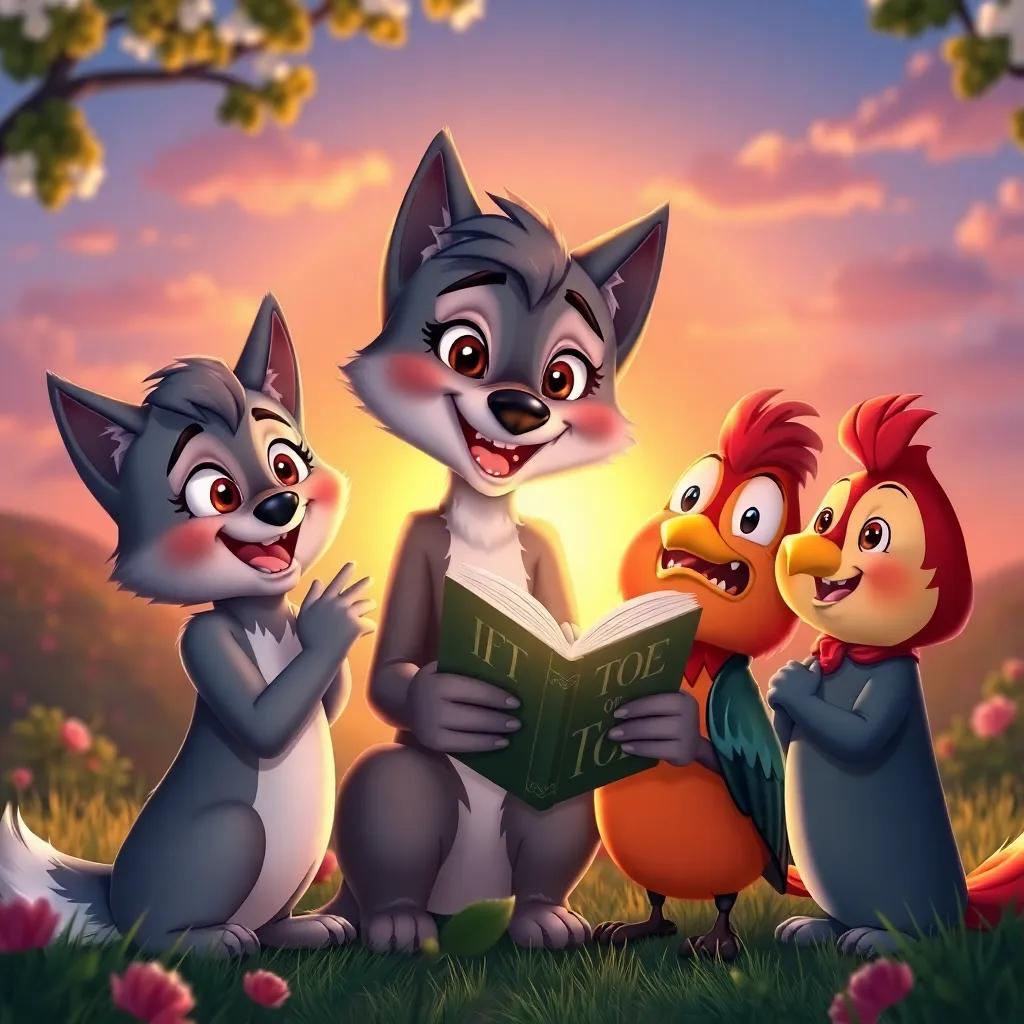 Willow the Wolf and her friends celebrating together with Ruby the Robin, holding the songbook, a beautiful sunset illuminating the scene, joyful expressions on all characters, colorful and heartwarming, high quality