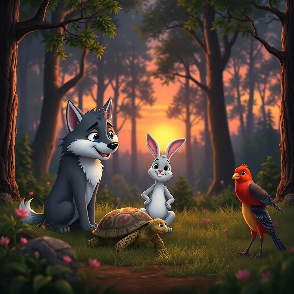 A heartwarming forest scene at sunset with Willow the Wolf, Benny the bunny, Tilly the Tortoise, and Ruby the Robin, sharing their adventures, magical atmosphere, cheerful mood, detailed and colorful, high quality