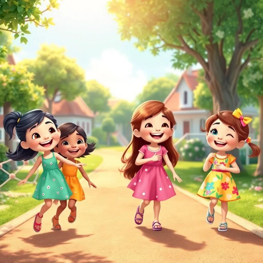 Four young girls, Mia, Lila, Aisha, and Zoya, with different hairstyles and colorful summer dresses, laughing and playing on a sunny village playground with trees and flowers, cheerful digital art, vibrant colors, warm light, child-friendly scene, high quality