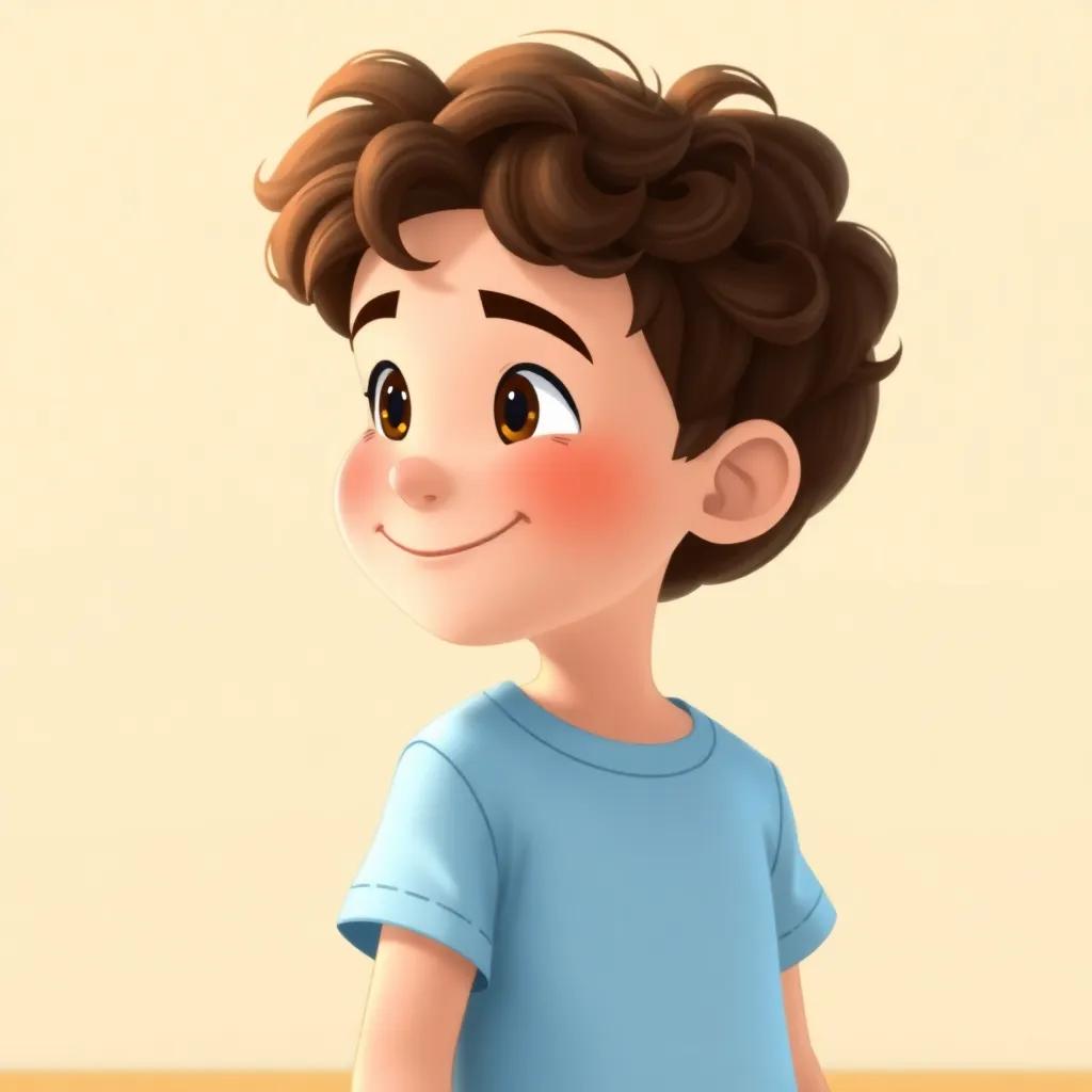 A young boy, Sam, with curly brown hair and a casual t-shirt, standing in the background with a charming smile, whispering to his friend, creating a sense of intrigue, playful illustration, bright colors, engaging perspective, friendly atmosphere, high quality