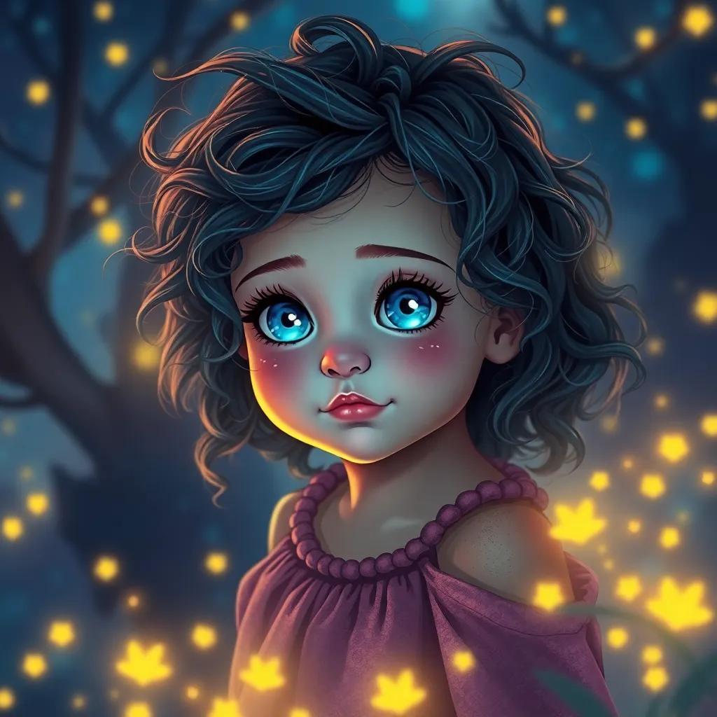 A little girl, Lila, with vibrant blue eyes and wild curls, exploring the enchanting realm of Eldoria, surrounded by magical fireflies, digital art, vibrant colors, whimsical atmosphere, high quality