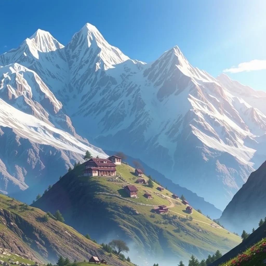 A serene Himalayan landscape with the village of Shurana nestled among snow-capped peaks, digital art, stunning mountain scenery, warm sunlight, inviting colors, panoramic view, high quality, focus on the beauty of nature