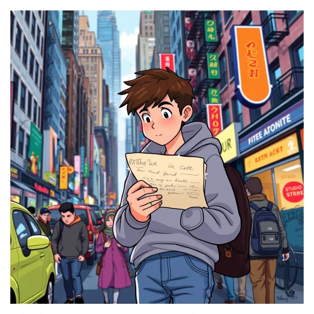 A busy New York City street with Ethan, a young man of Caucasian descent, in jeans and a hoodie, looking at a weathered letter, illustration, vibrant urban atmosphere, contrasting lifestyle, child-friendly