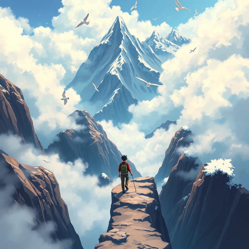 Ethan climbing a narrow mountain path surrounded by thick clouds, with birds flying above and snow on the peaks, digital painting, refreshing colors, adventurous feel, dramatic angle, high quality