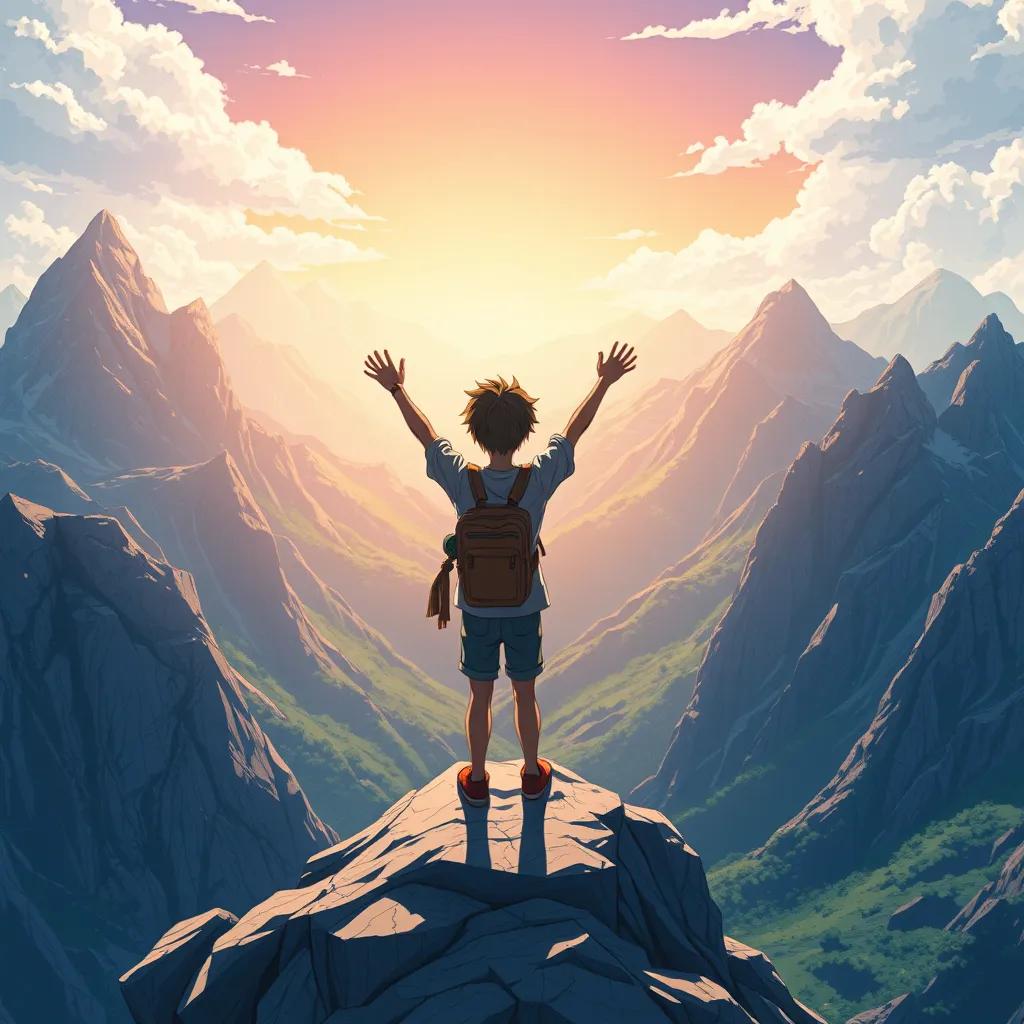 Ethan standing triumphantly at the top of a mountain peak, a beautiful view of other peaks around him, feeling light and free, digital art, uplifting atmosphere, bright colors, epic perspective, high quality