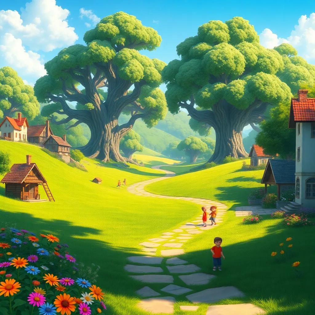 A small town with lush green fields and a path leading to a mystical grove of ancient trees, bright sunny day, colorful flowers, children playing nearby, detailed digital art, cheerful atmosphere, vibrant colors, warm light