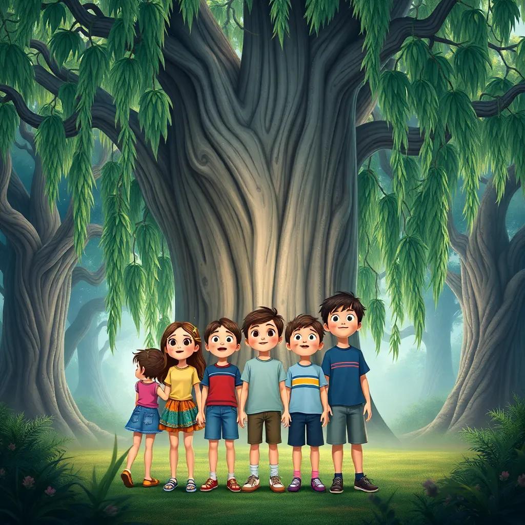 A group of five children, Mia, Leo, Sara, Ben, and Joy, standing in front of a big, majestic willow tree with sparkling leaves, amazed expressions, wearing casual clothes, surrounded by other ancient trees in the grove, illustration, enchanting, colorful