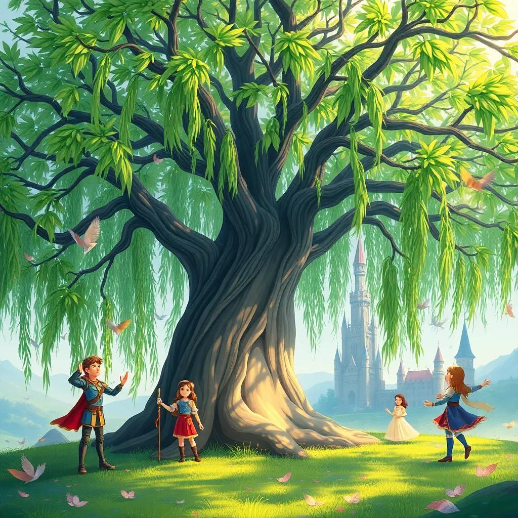 The willow tree telling a tale with swirling leaves and a magical aura around it, as the children close their eyes imagining knights and castles, illustrations of knights and princesses floating around, fantasy theme, vibrant colors, joy