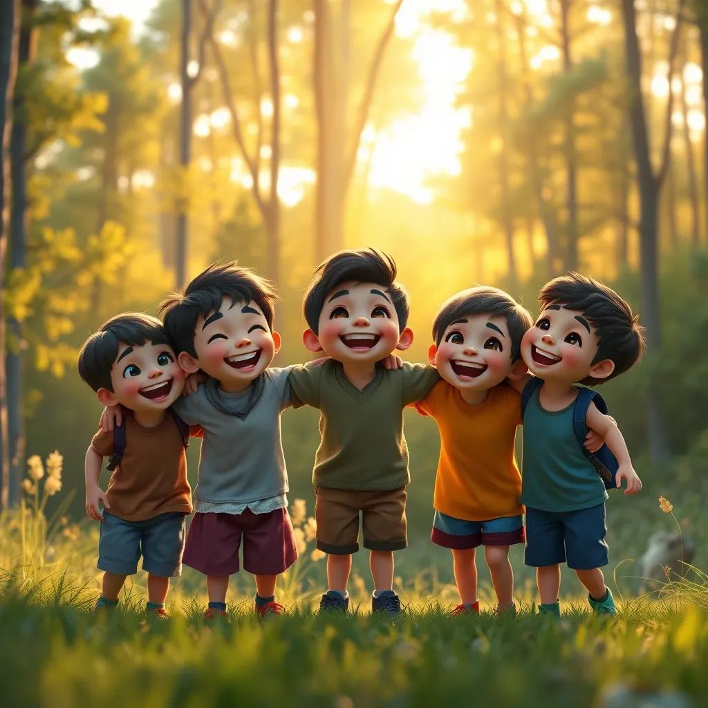 A scene showing the children laughing and embracing nature as they take a stand to protect it, a beautiful forest behind them, golden hour light making everything shine, joyful expressions, creating a heartwarming atmosphere