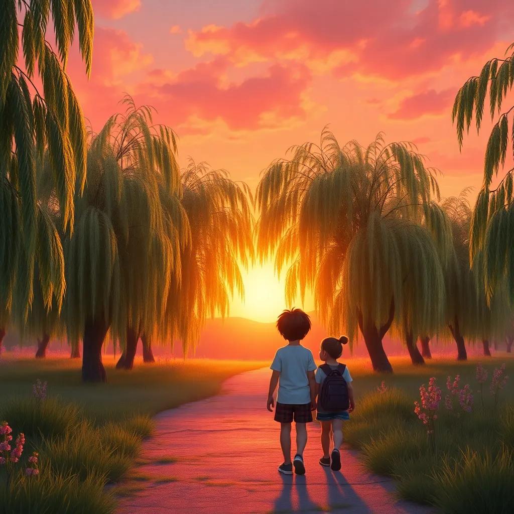 The sun setting, casting a magical orange and pink glow over the grove, children walking back on the path, looking back at the whispering willows with smiles, calming scene, heartwarming, vibrant sky