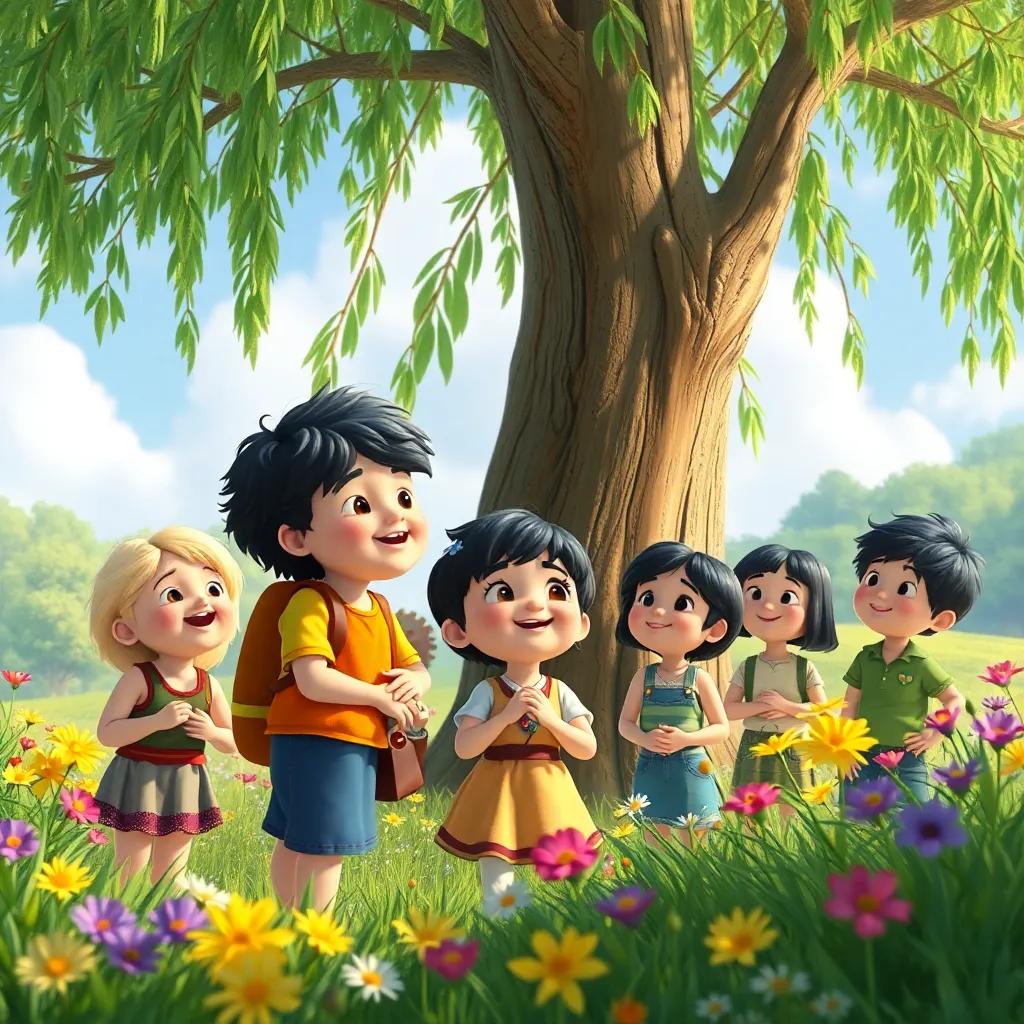 The children gathering the next day in the grove, eager faces looking towards the willow tree, excitement in the air, colorful flowers around, joyful and enchanting atmosphere, digital art, high quality