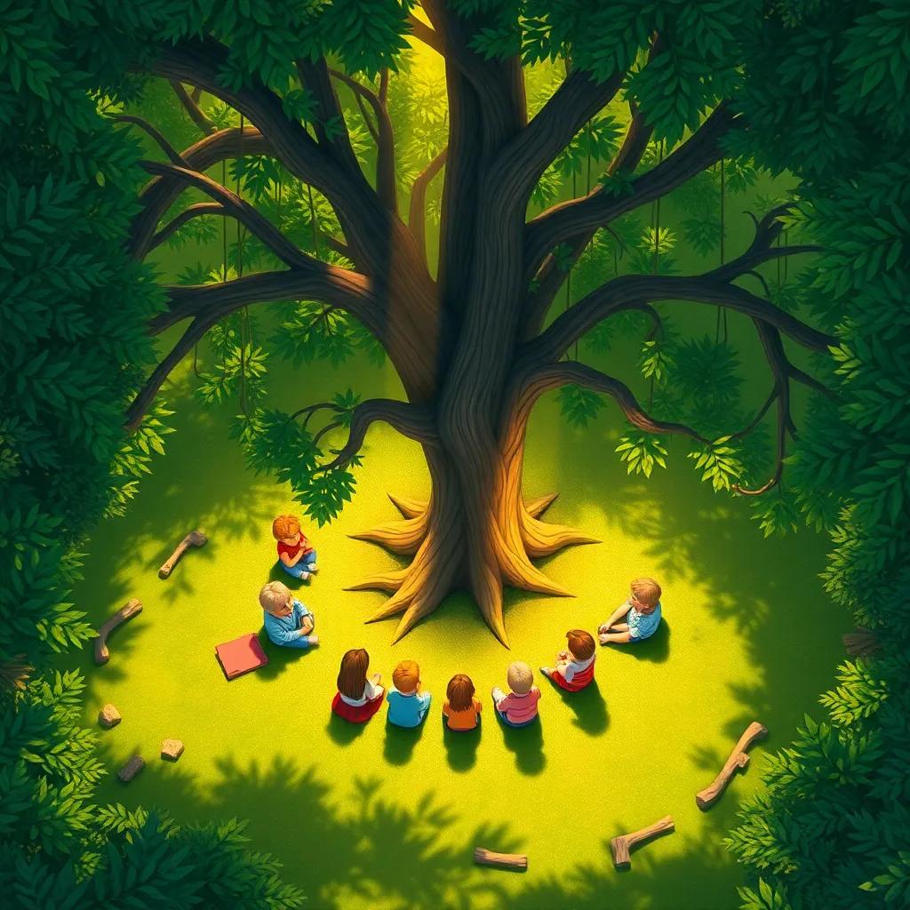 An overhead view of the grove with the children sitting in a circle around the willow tree, enchanted by its stories, sun rays shining through the branches, vibrant colors, whimsical, inviting