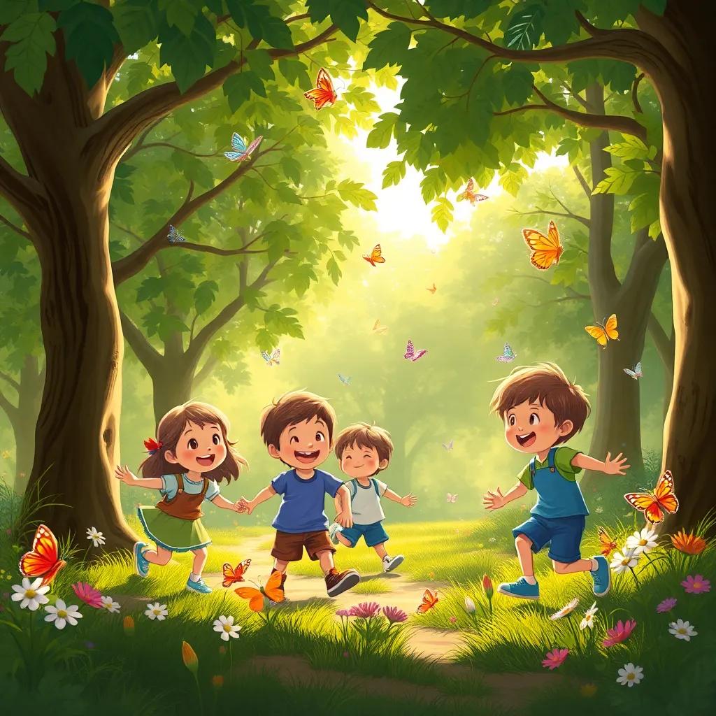 A painting of the children playing and laughing in the grove, trees whispering softly, the sun shining bright, colorful butterflies flying around, engaging and playful scene, cheerful atmosphere