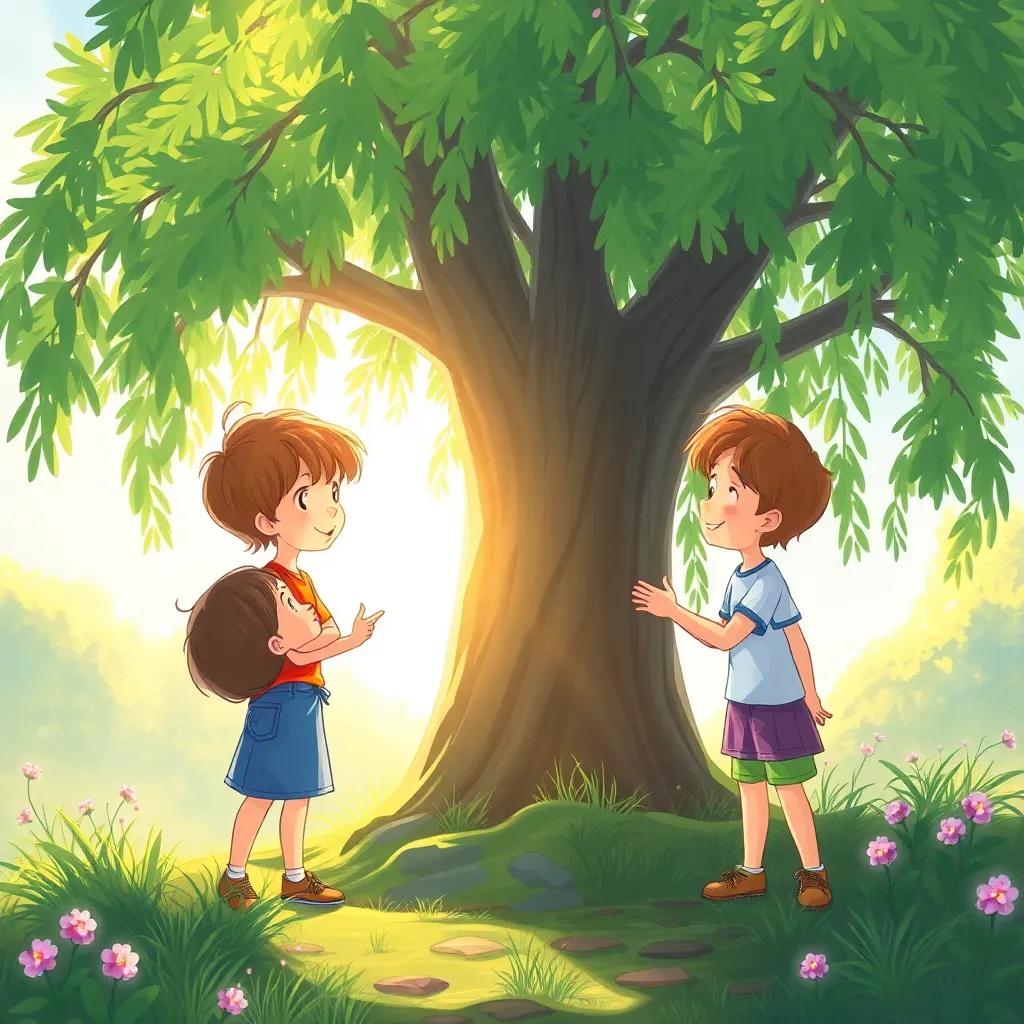 An illustration of the children bidding goodbye to the willow tree, sunlight glowing around them, promise in their hearts to return and protect nature, heartwarming end scene, filled with color and smiles