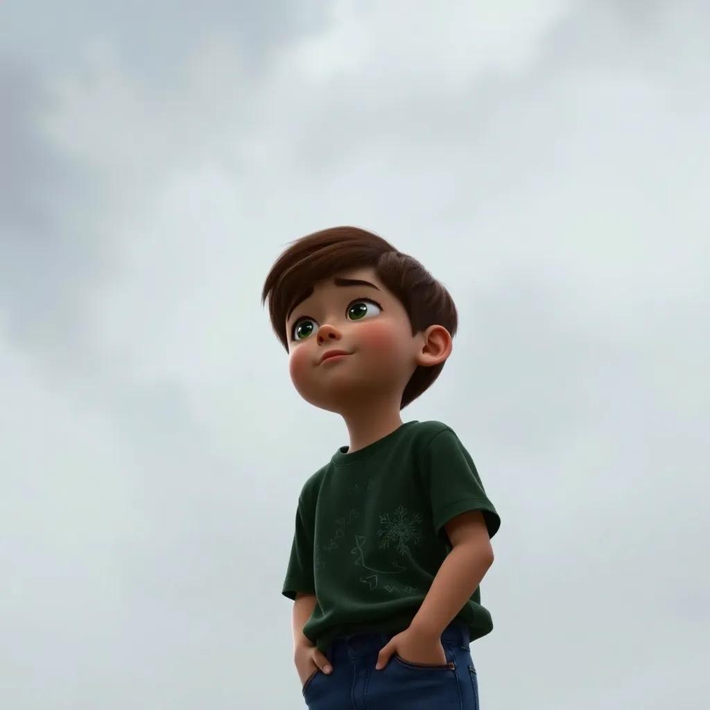 A young boy, Liam, with short brown hair, wearing a green shirt and blue jeans, looking up at a gray sky filled with smog, with a concerned expression, detailed digital art, muted colors, somber atmosphere, high quality