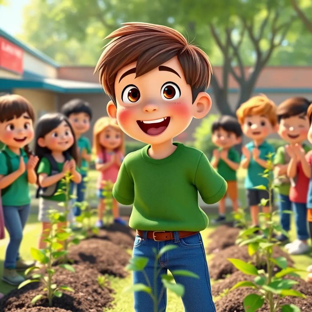 Liam, a twelve-year-old boy with short brown hair, wearing a green shirt and blue jeans, excitedly speaking to his classmates, who are smiling and clapping, planting trees in a school yard filled with sunshine, vibrant colors, cheerful mood, high quality